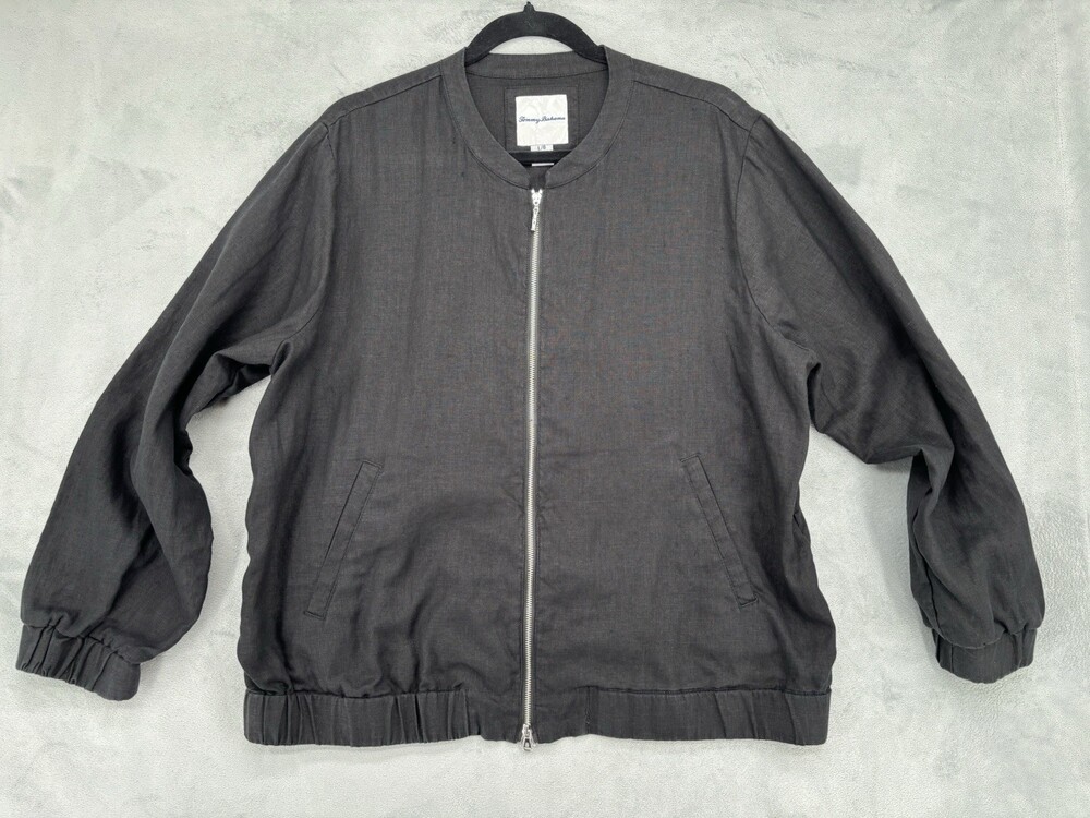 Tommy Bahama Black 100% Linen Two Palms Full Zip Bomber Jacket Size Large